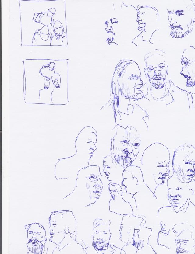 Ballpoint pen sketches of the heads of Kevin, Andrius and Sidney.